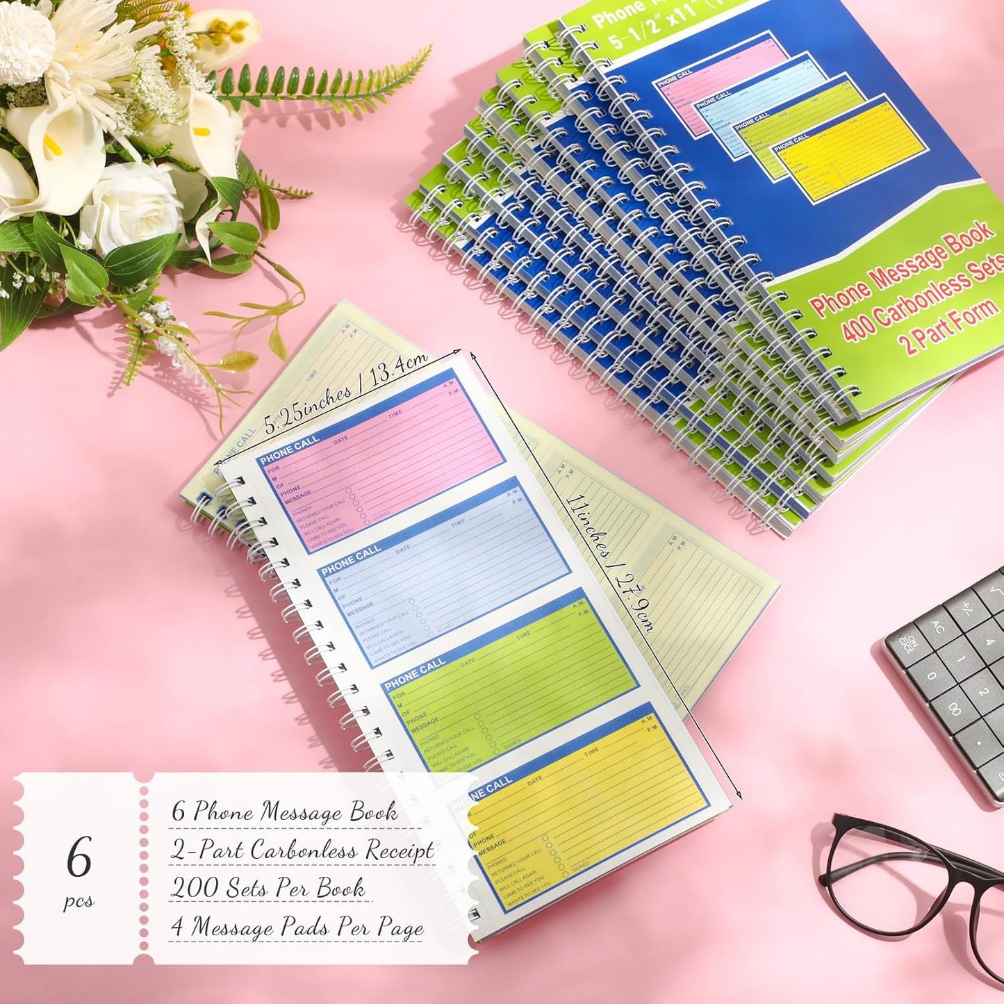 Sinmoe 6 Pcs Spiral Bound Phone Message Book with Carbon Copy 5-1/2" x 11" 2 Part Colorful Carbonless Telephone Message Pads Duplicate Spiral Phone Call Log Book for Business Office