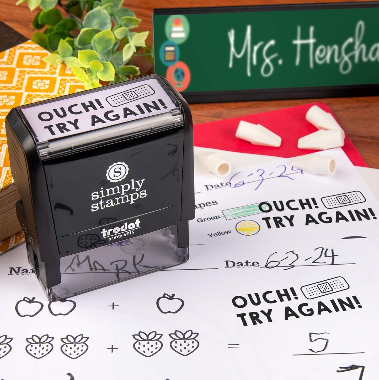 Custom Self-Inking Stamps | 49 Designs | Fun Phrases | Grading Made Easy | Classroom, Library and Book Stamps (Ouch! Try Again!, Xtra Wide)
