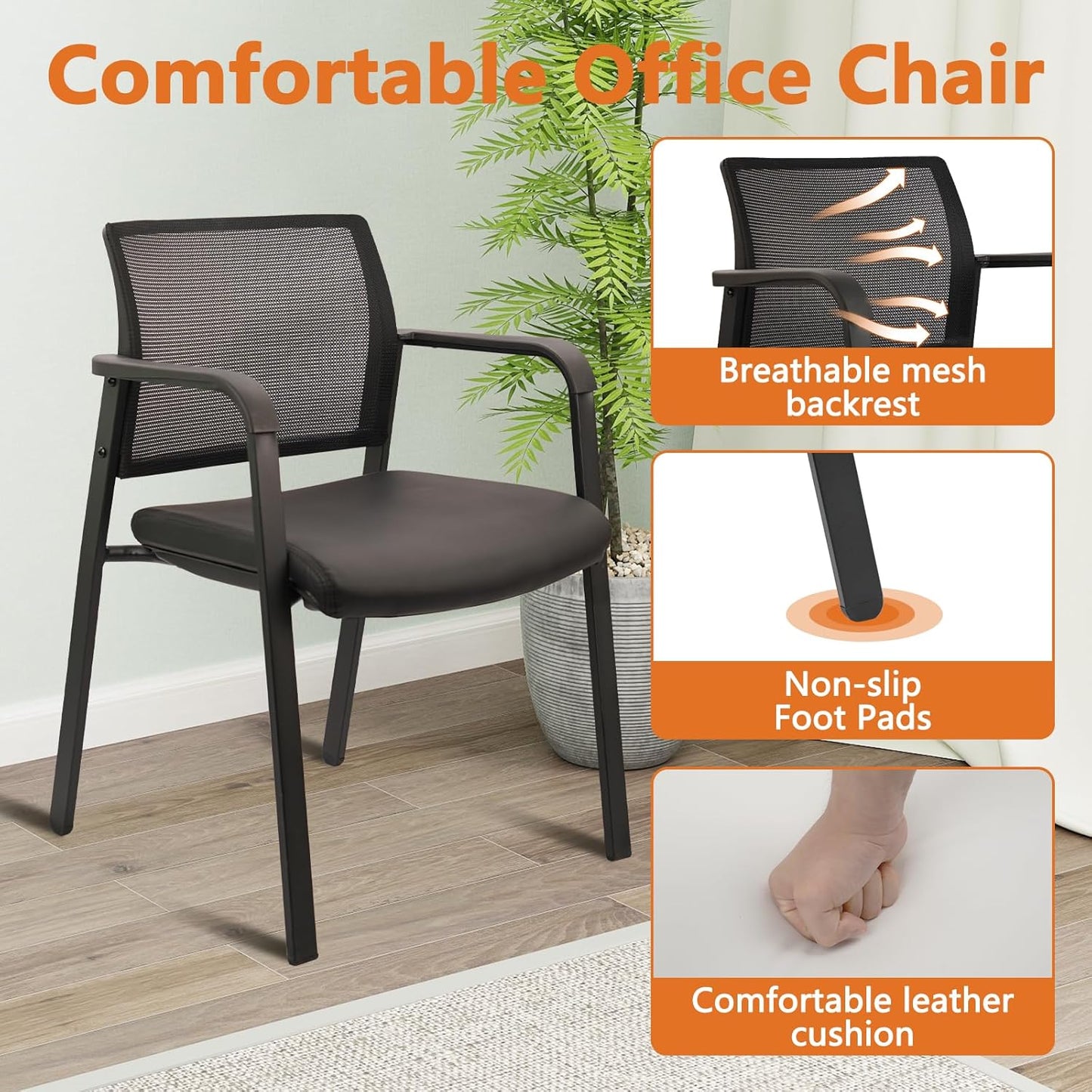 CLATINA Stackable Office Chair, Mesh Back Guest Chairs with Comfortable Leather Seat Arms Stacking Ergonomic Desk Chair No Wheels for Conference Waiting Reception School Stationary, Black, Set of 4