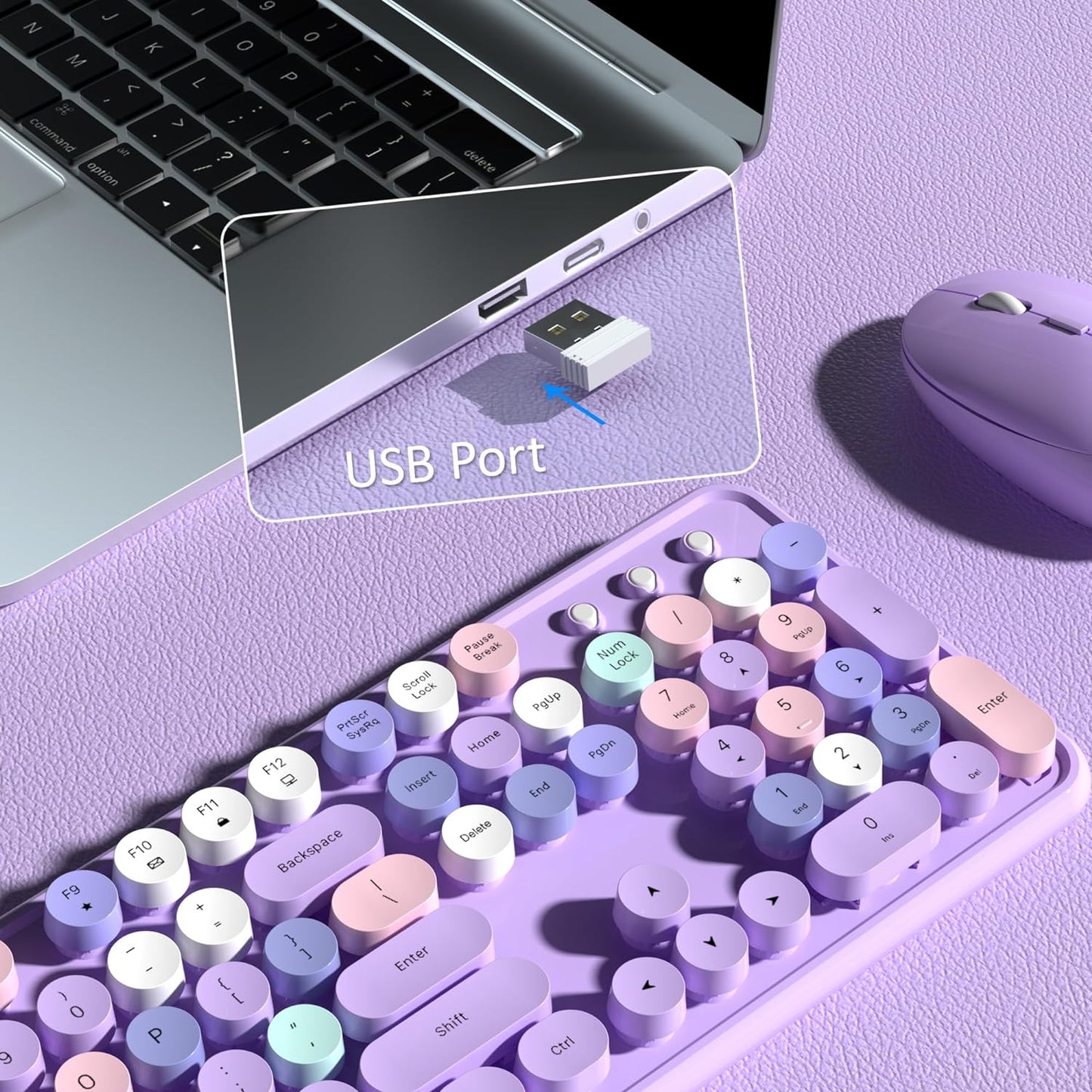 Colorful Wireless Keyboard and Mouse Combo, COVEVA 2.4GHz Wireless Retro Cute Round Keycaps Keyboard, 104 Keys Full-Sized Keyboard Mouse Set with Switch Button for PC Laptop Desktop (Purple Colorful)