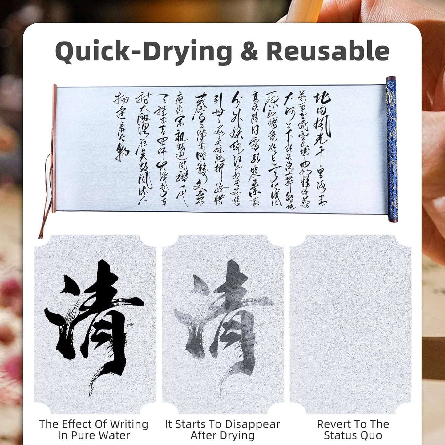 Flylin Calligraphy Cloth,Reusable Chinese Calligraphy Practicing Tool,Magic Water Painting Paper,Water Writing Cloth Scroll for Beginners Practice(Blue,55.1"x15")