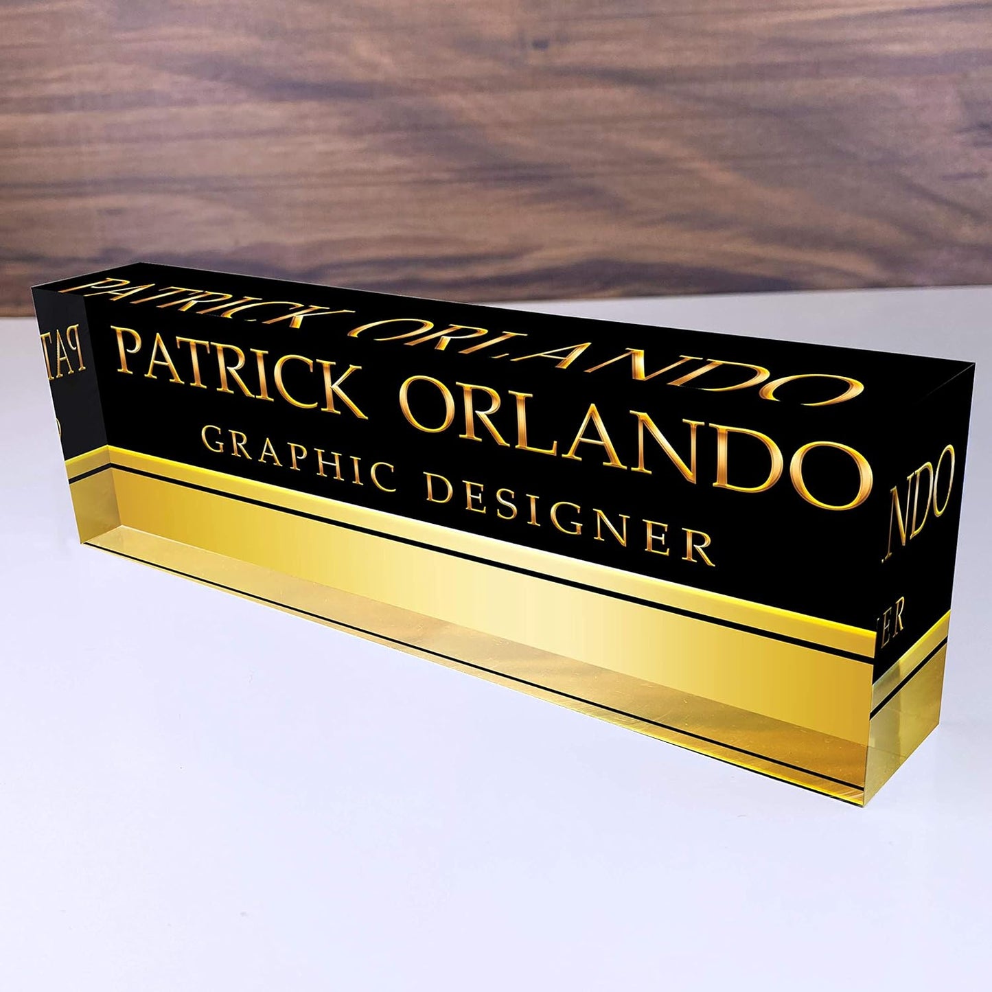 Artblox Office Name Plate Personalized | Custom Name Plates for Desks on Acrylic Glass Decor | Office Desk Decor Nameplate | Accessories | Black Gold Stripe - (8"x2.5")