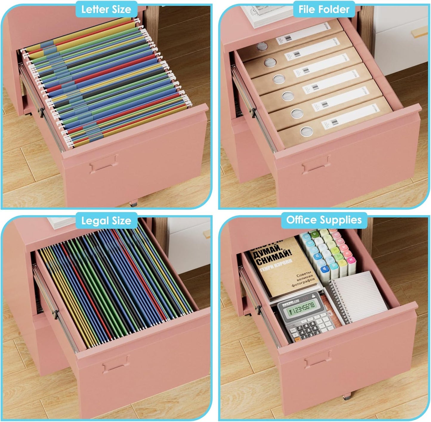 2 Drawer Mobile File Cabinet with Lock,Under Desk Metal Filing Cabinets for Home Office Fits Letters/Legal/A4 Size Folder, Assembly Required, Pink