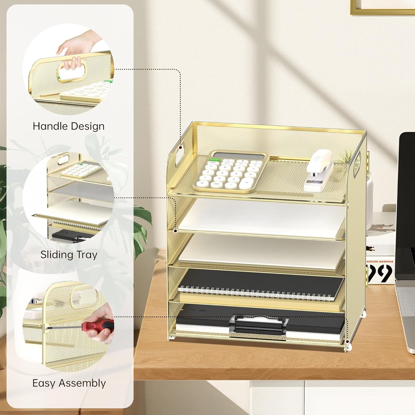 Supeasy 5 Trays Paper Organizer Letter Tray with Handle-Mesh Desk File Organizer, Paper Sorter Desk Organizer for Office, Home or School (Golden)