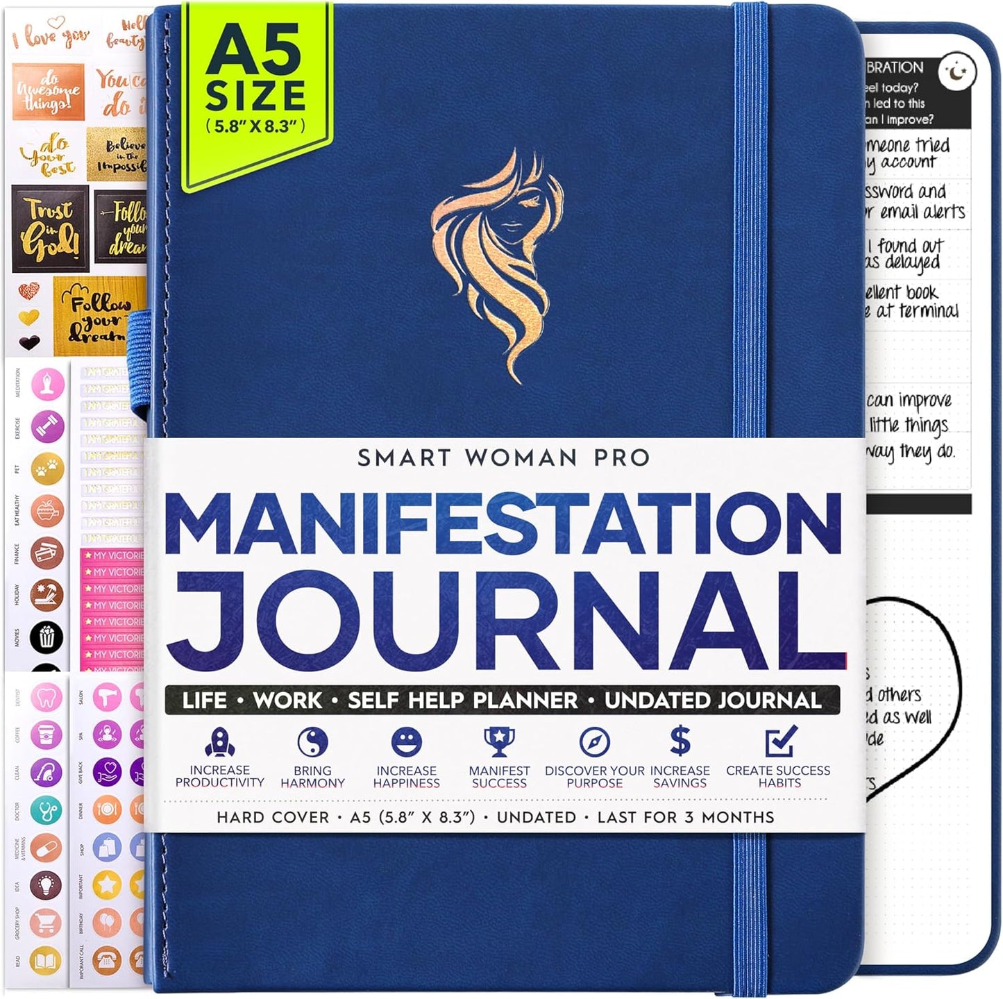 Manifestation Journal - 5 Minute Manifesting & Self Care Journal | 90-Day Undated Daily Planner for Positivity, Affirmations & Gratitude | Guided Mindfulness, Reflection | Vision Board + Stickers