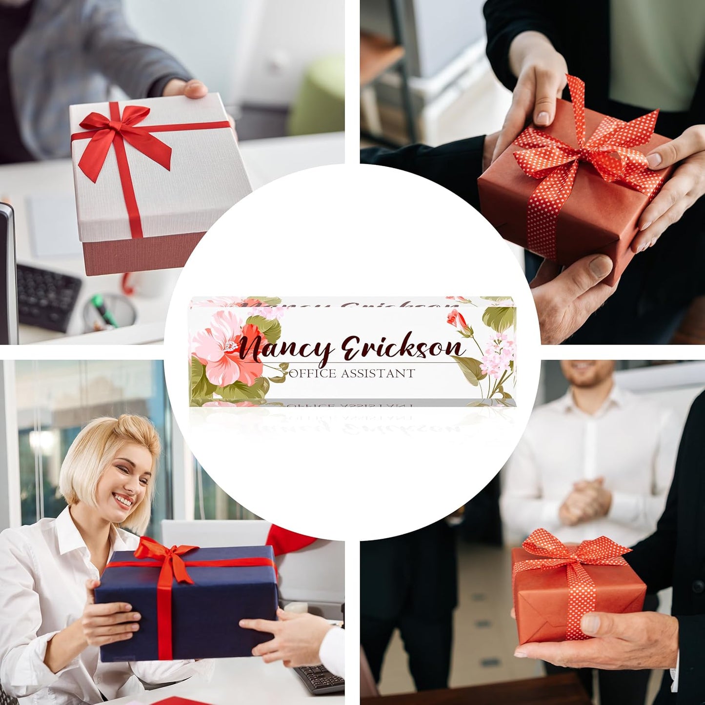 Acrylic Name Plate Personalized, Teacher Name Plates for Desks Classroom, Gifts for Teacher Boss Employee Appreciation Office Desk Decor (Pink Flowers)