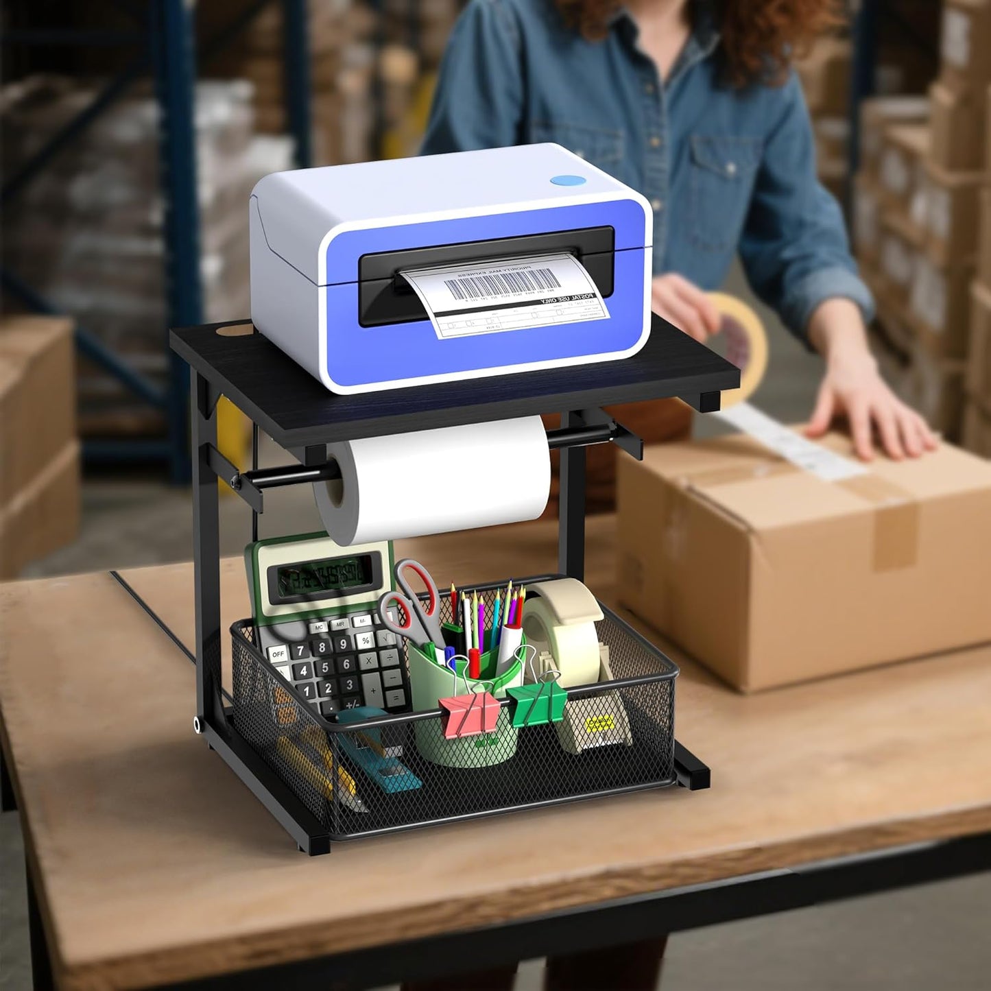 Label Holder for Rolls and Fan-Fold Labels, Shipping Thermal Label Holder with Drawer for Desktop Thermal Printer, Sticker Roll Holder, Label Printer Accessory Supplies for Home, Office Small Business