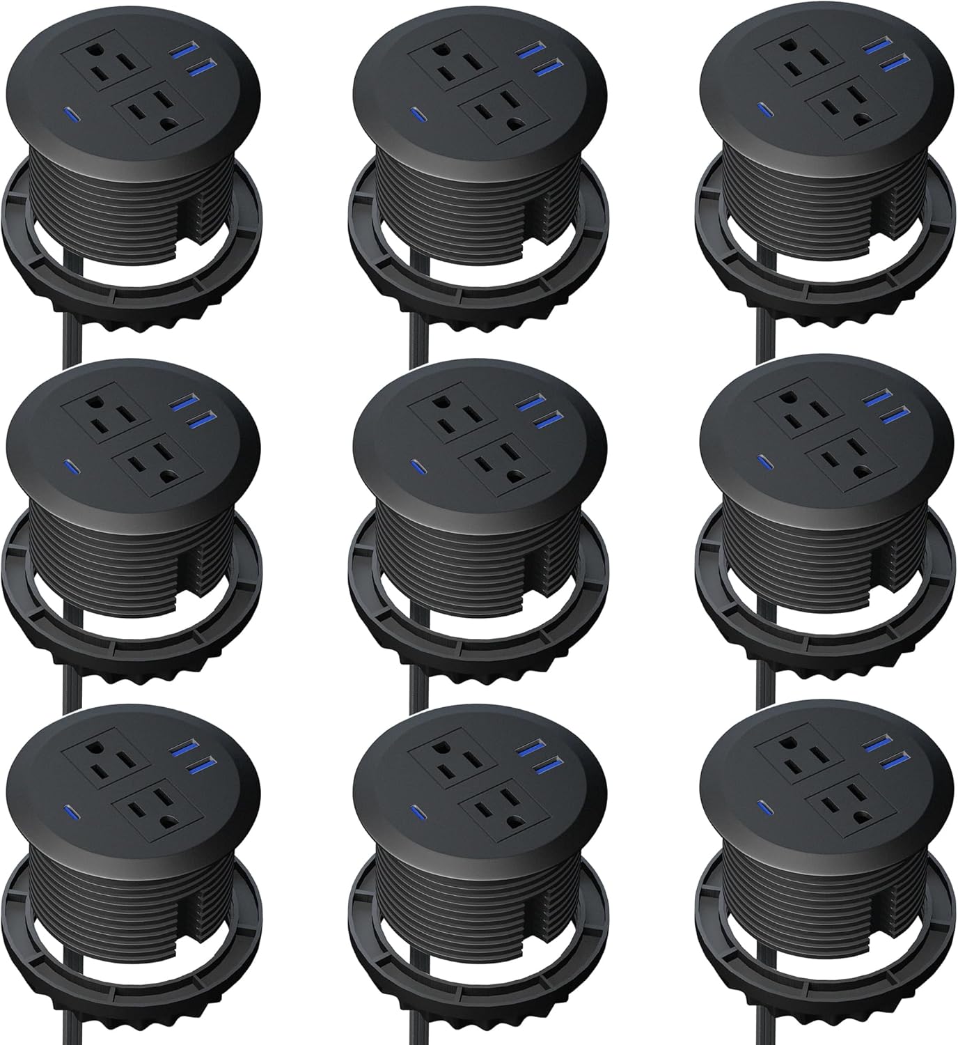 9 pcs 3 Inch Desktop Power Grommet,20W USB C Fast Charging Station,3-USB Port,Flush Mount,6.5 ft Power Cord.Round Recessed Power Outlet,Desk Hole Grommet Outlet for Workspace,Sofa,Black