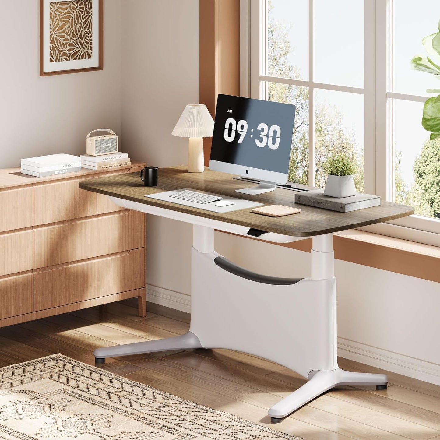 COLAMY Electric Adjustable Standing Desk – 48 x 28 Inch Sit Stand Desk with Drawer & Cable Management, Dual Motor Lift System, Ergonomic Footrest, Home Office Table (MFC Desktop, Walnut + White)