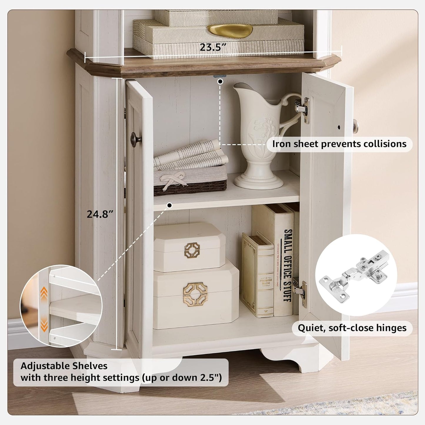 T4TREAM 6-Tier Bookshelf with Storage, 72" Tall Farmhouse Bookcase with Doors and Adjustable Shelves, Wooden Floor Standing Display Book Shelf Organizer for Home Office, Antique White