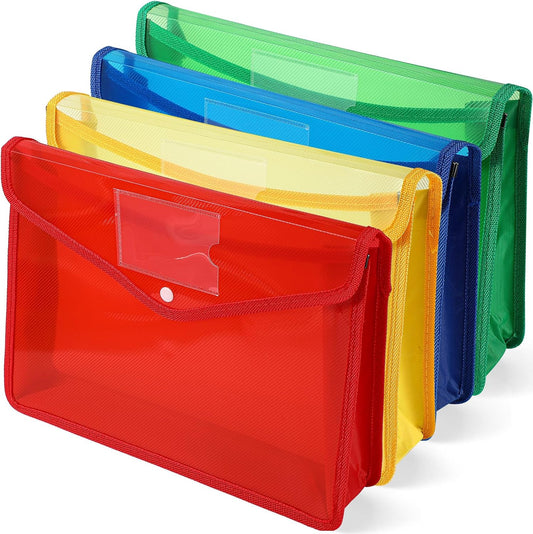 4 Pack A4 Expanding Plastic File Folders Waterproof Document Organizer with Snap Button Multiple Pockets, Office Home Office Storage (4 Color)