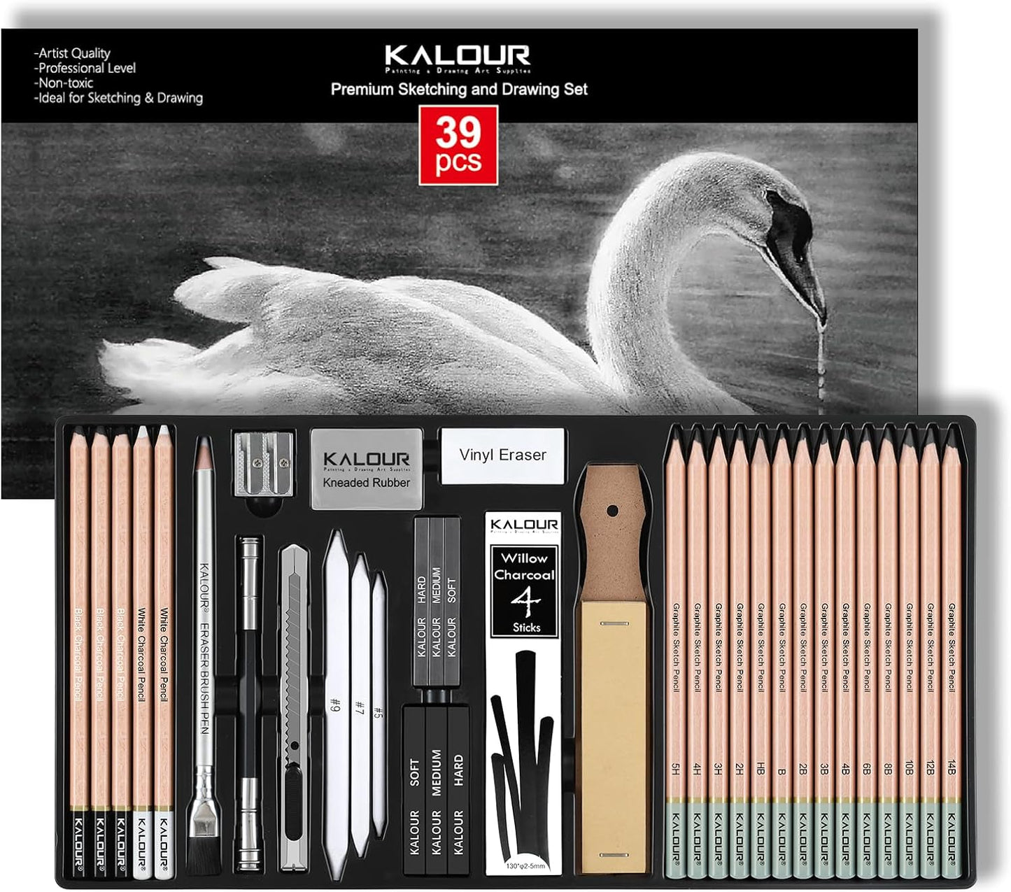 KALOUR PDAS 39pcs Drawing Pencil Set, Professional Sketch Pencils (5H-14B), Black and White Charcoal Pencils for Sketching, Eraser Brush Pen, Charcoal Sticks, Art Pencils Set for Artists & Beginners