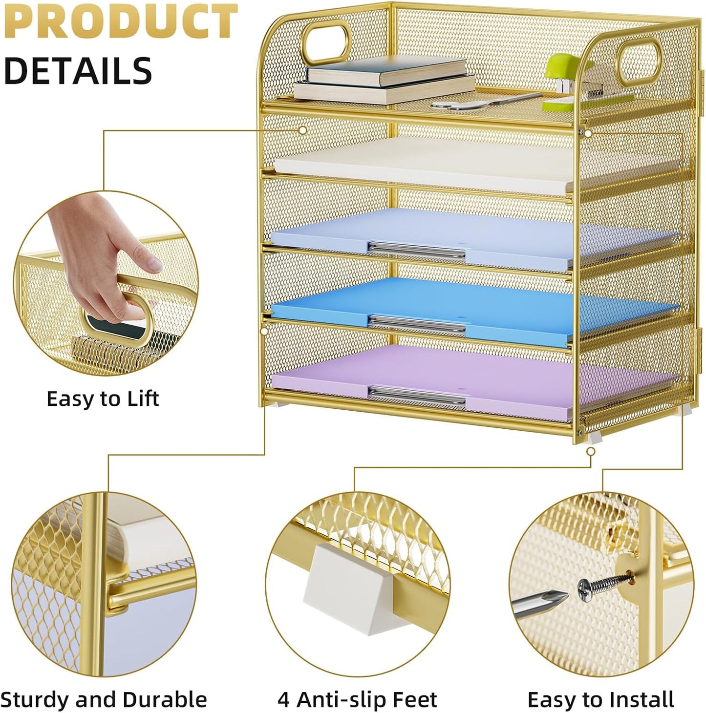 Marbrasse Paper Organizer Letter Tray, 5 Tier Mesh File Organizer with Handle, Paper Sorter Desk Organizer for Home Office Supplies - Gold