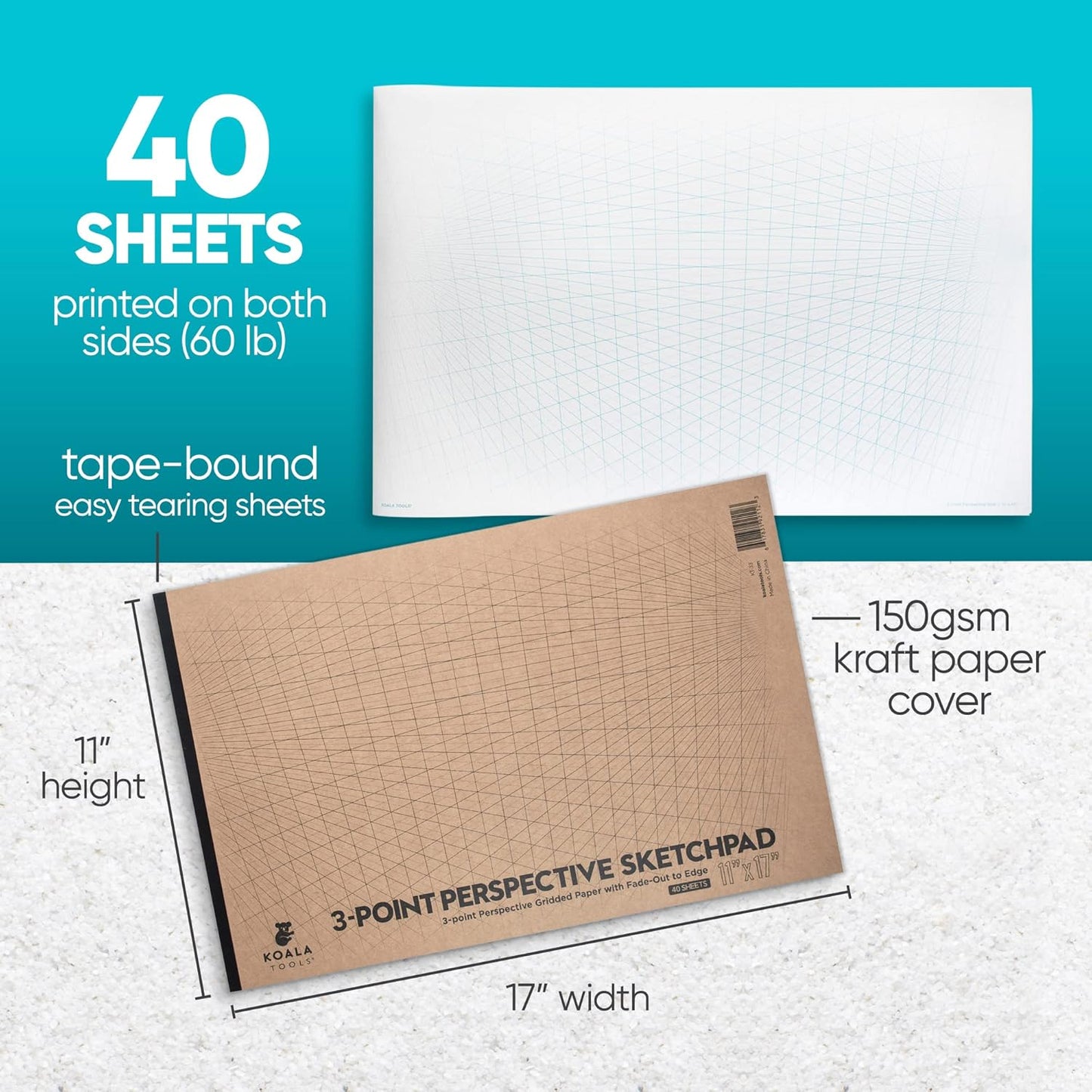 Koala Tools | Drawing Perspective (1 and 2-Point) Large Sketch Pad (3 Point - 11 x 17)