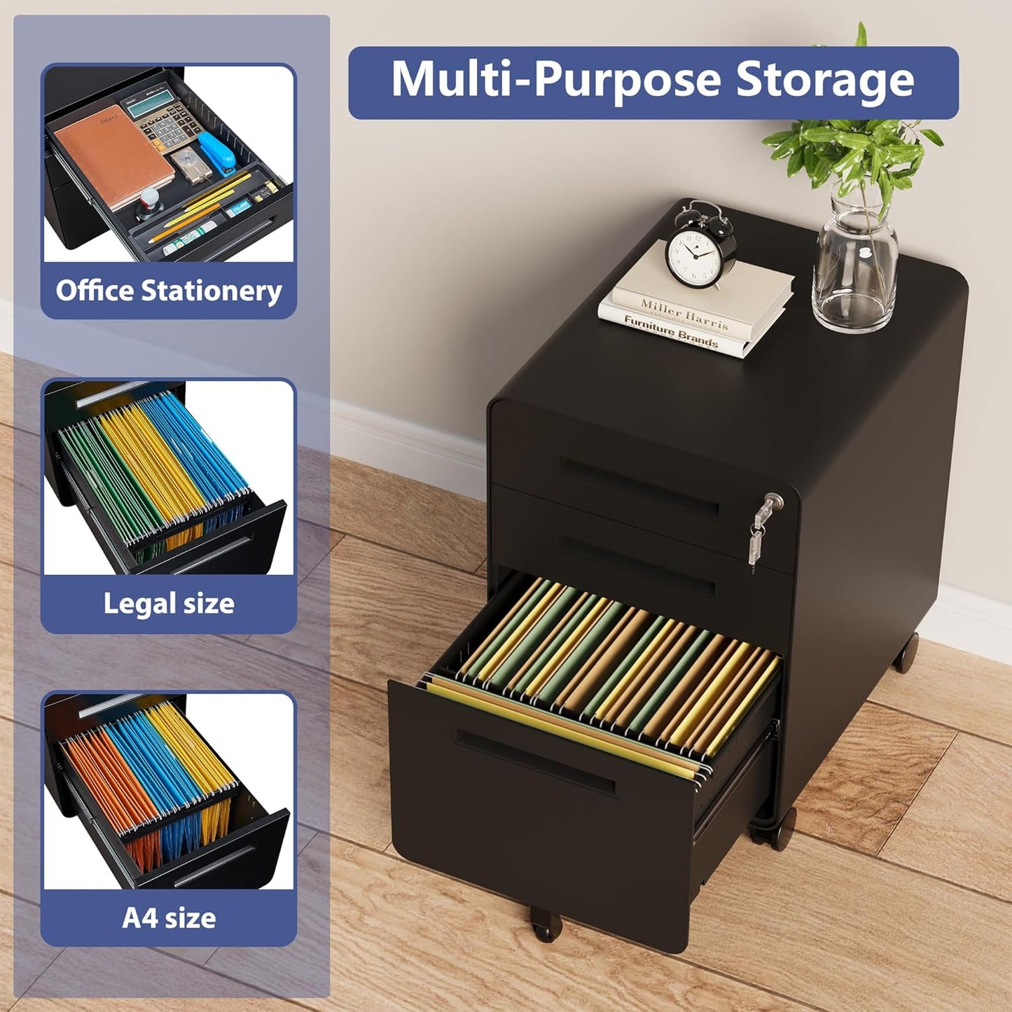 Rolling File Cabinet with Lock, 3 Drawer Metal Mobile Filing Cabinet Office Under Desk for Legal/Letter Size, Fully Assembled Except Casters