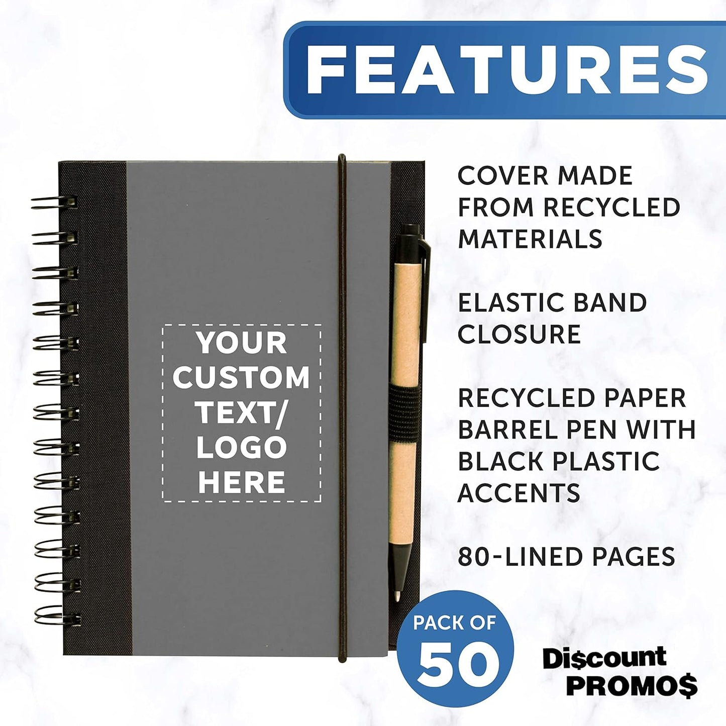 DISCOUNT PROMOS Custom Eco Block Notebooks with Pens Set of 50, Personalized Bulk Pack - Perfect for School, Office, Business, Home - Smoke
