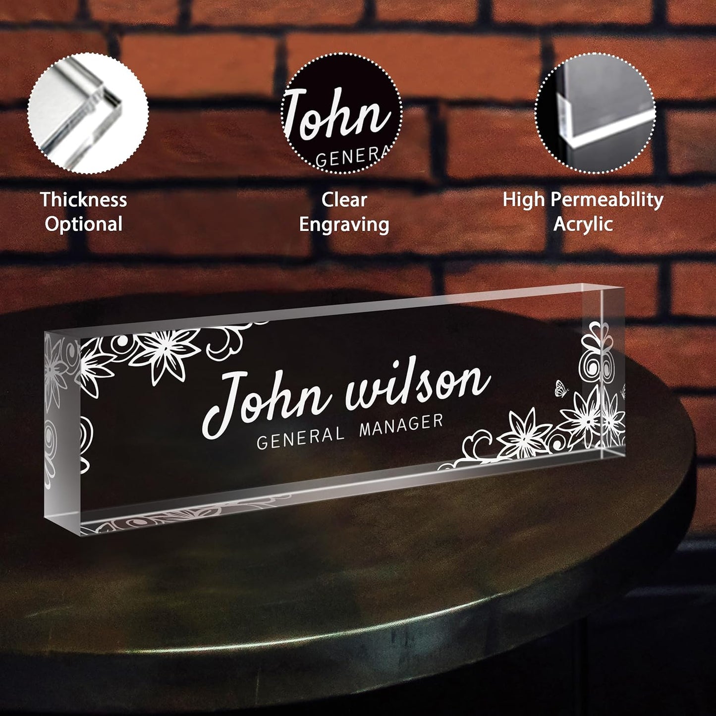 Personalized Name Plate for Desk - Custom Engraved Name Plates for Man - Boss Day Gifts for Boss - Acrylic Office Decor Appreciation Gifts for Teacher Nurse Coworker Social Worker (White Garden)