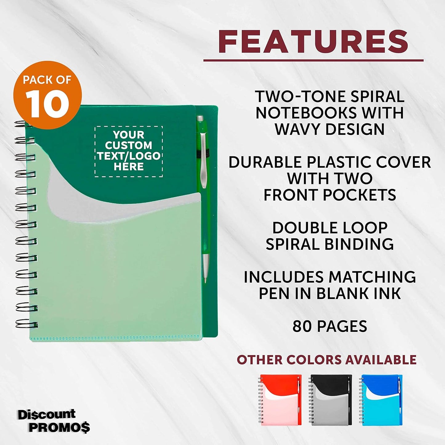 DISCOUNT PROMOS Custom Spiral Notebooks with Front Pocket Set of 10, Personalized Bulk Pack - Durable Plastic Cover, Includes Matching Pen in Blank Ink, Perfect for School, Office, Home - Green