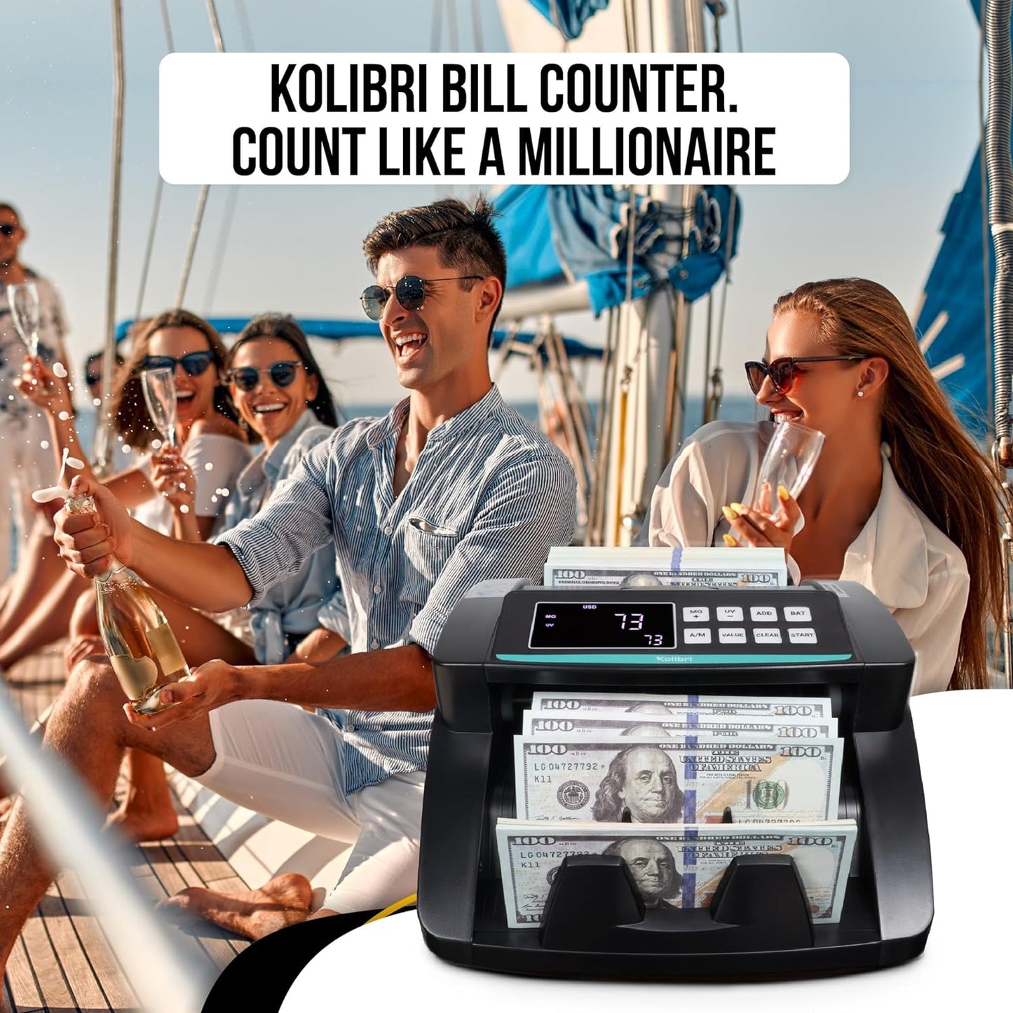 KOLIBRI Money Counter Machine, Advanced Fake Detection & LCD Display | 1,500 Bills per Minute Single-Denomination Cash Counter | Bill Counter Machine (US Customer Support)