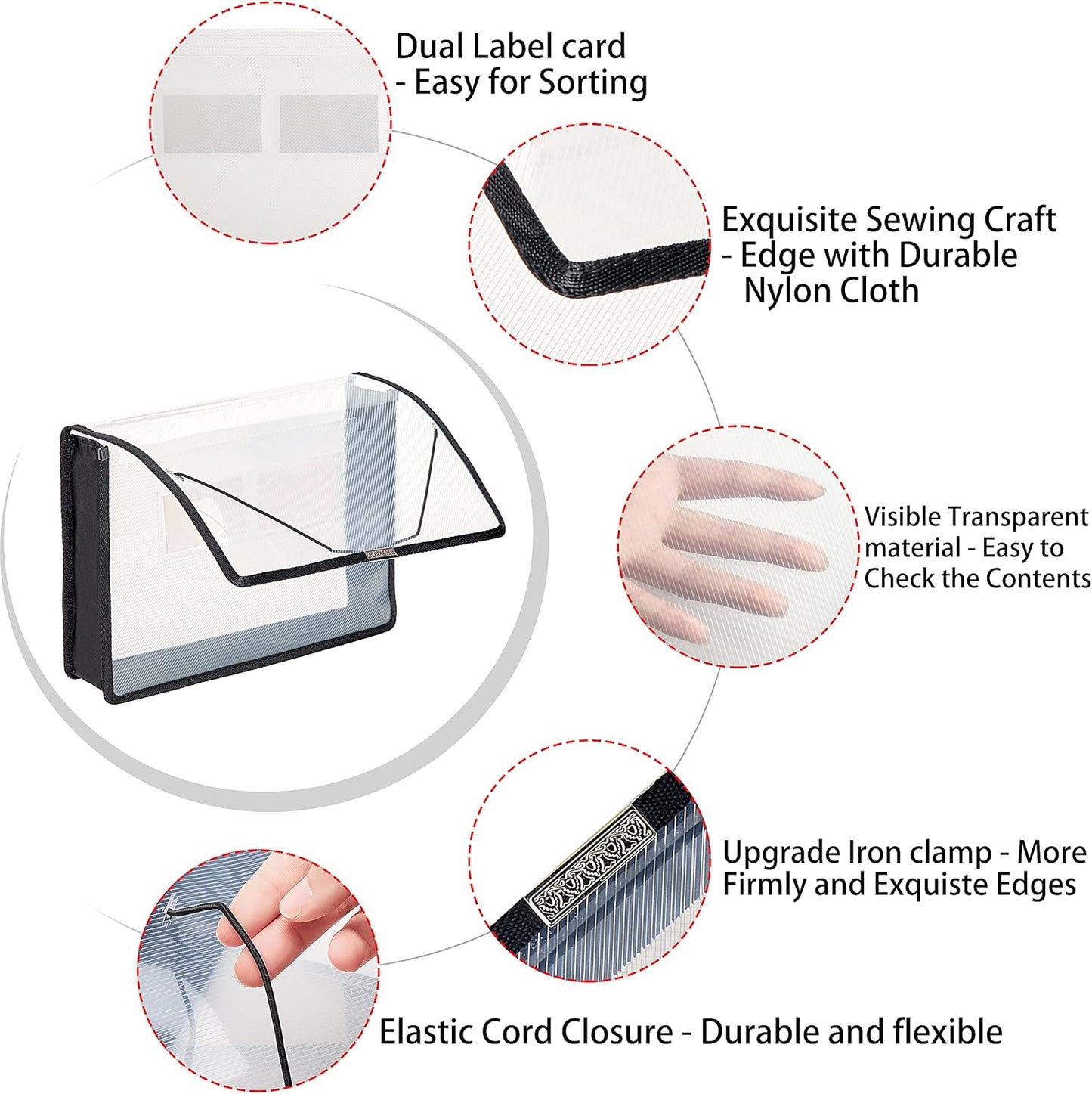 FANWU 6 Pack Plastic Expanding File Wallet Document Organizer with Flap and Cord Closure, Letter Size, 2.8" Expansion, Clear Colored Poly A4 Expandable File Folder for Home School & Office Storage