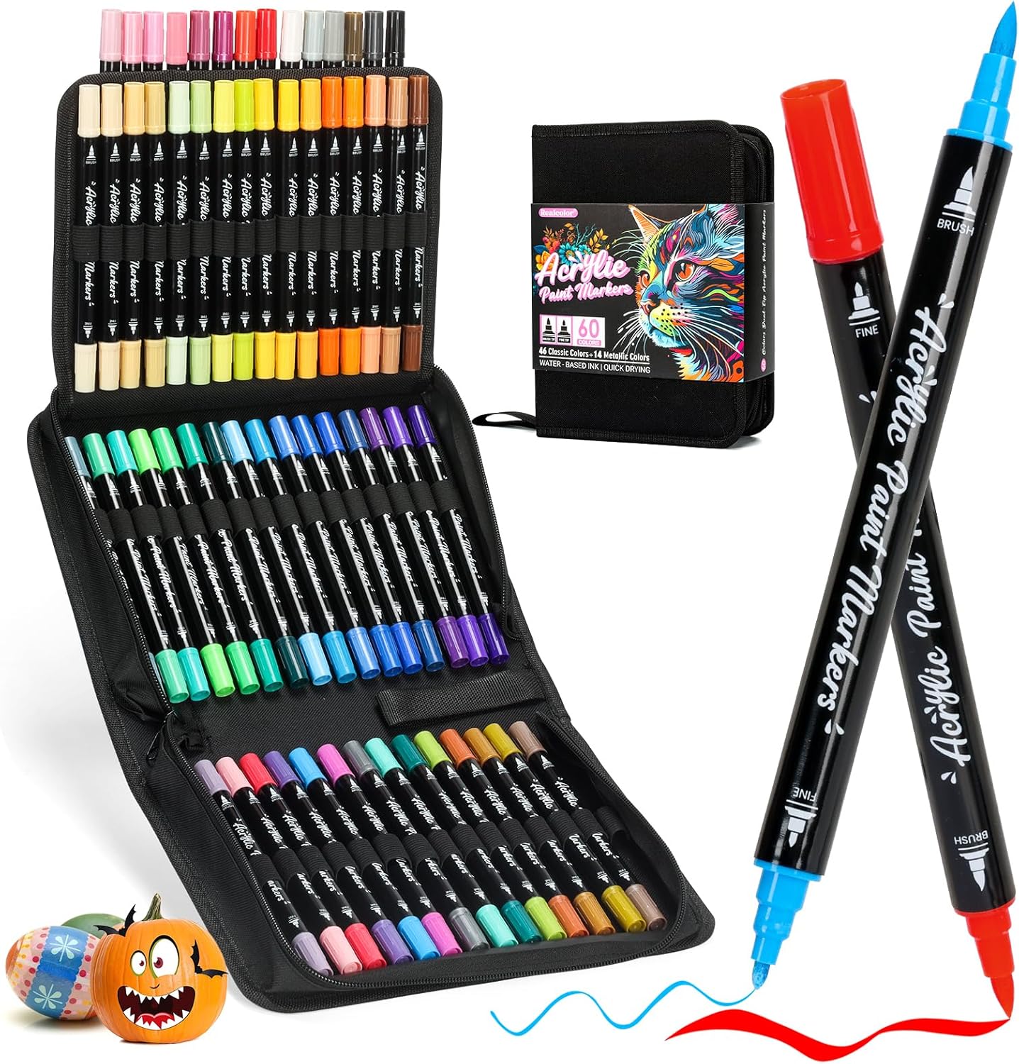 Acrylic Paint Markers,60 Colors Dual Tip Acrylic Paint Pens with Brush and Fine Tips for Rock Painting,Glass,Wood,Ceramic,Canvas,Stone, Vibrant Color Ideal for Artists, Crafters, DIY Projects