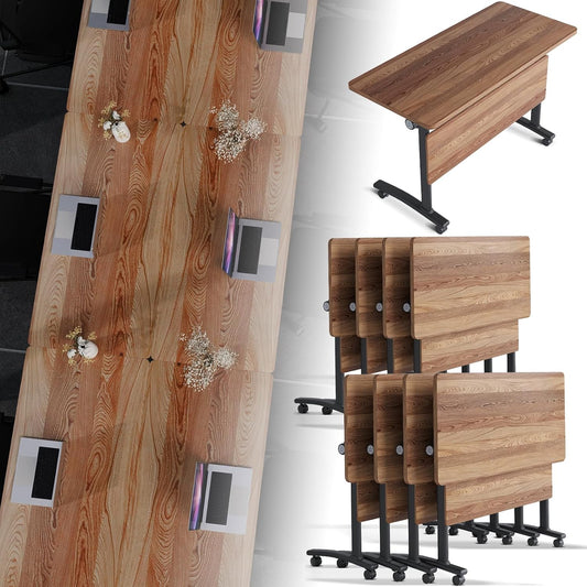 Folding Conference Room Table, Modern Conference Tables with Silent Wheels, Large Rectangular Mobile Training Tables for Office Classroom, Foldable Modular Boardroom Seminar Table (8pack L55.1in)