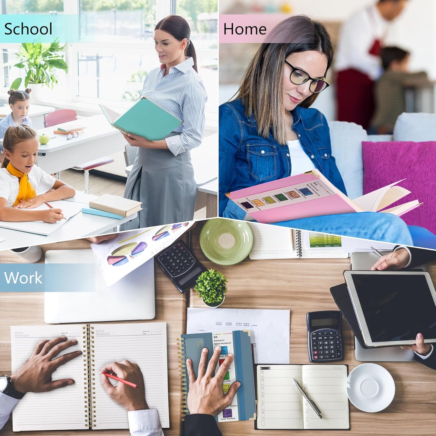 HAUTOCO Spiral Notebook College Ruled B5 Leather Bound Journal, 320 Pages, Hardcover Notebooks with tabs, 100 GSM Paper, 7"x 9.7" Lined Journaling Notebooks for Work Office School Business, Airy Blue