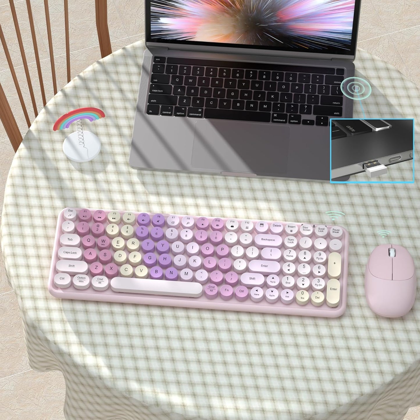 Colorful Wireless Keyboard Mouse Combo, Gradient Rainbow Colors 100 Keys and 2.4GHz Optical Mouse Connection for Windows, Mac, Laptop, PC, Desktop (Pink Colorful)