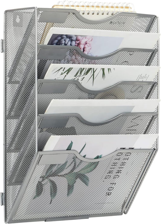 EasyPAG Wall File Holder Organizer 5 Pocket Mesh Hanging Wall Mounted Document Paper Folder Filing Magazine Rack with Nametag Label for Office Home School, Sliver