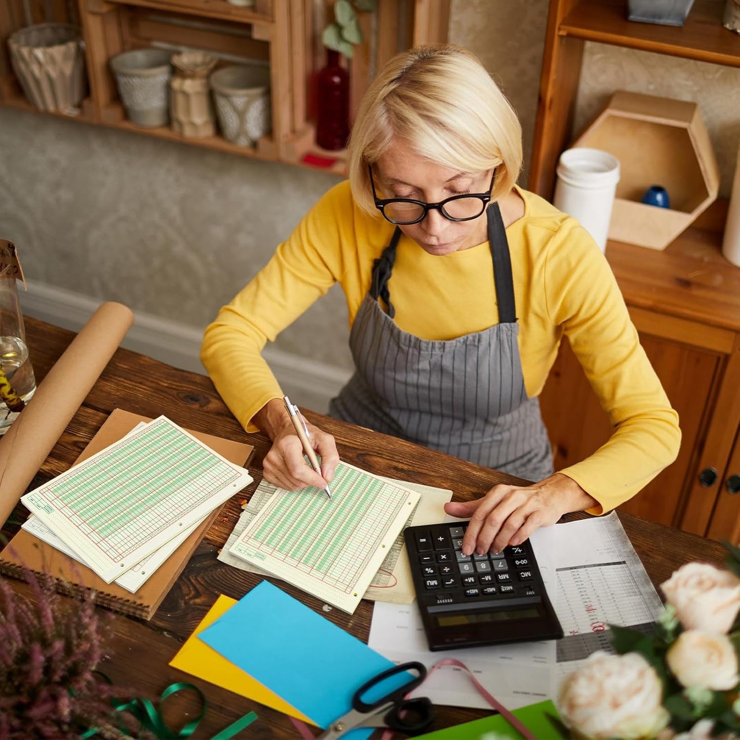 Fulmoon 5 Pack 250 Sheets Ledger Paper Accounting Columnar Pads 3 Hole Analysis Accounting Ledger Book for Business, 50 Sheets/Pack, Single Page Format, Green(8.5 x 11 Inch,6 Columnar)