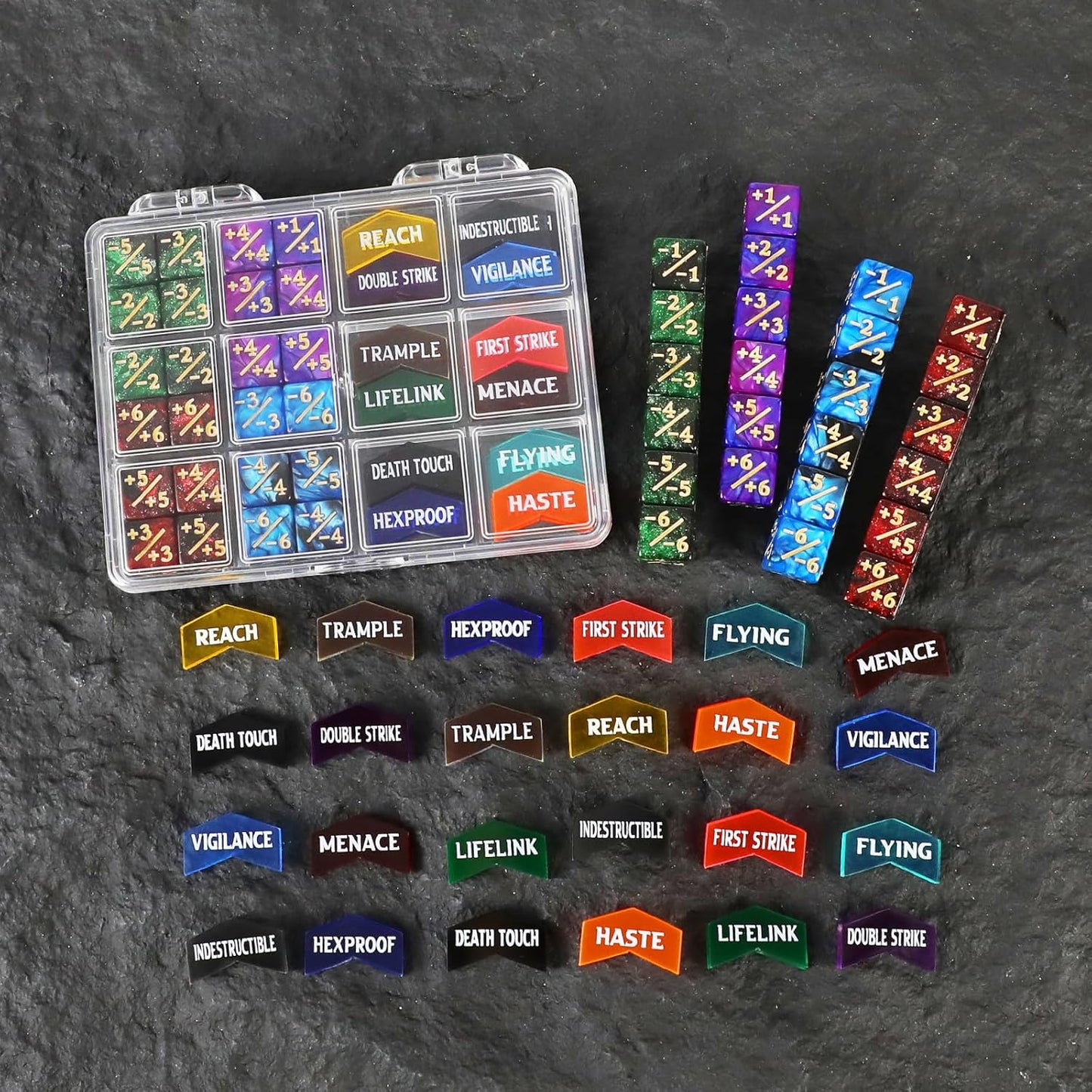 48PCS MTG Tokens & 12mm Dice Counter for Magic The Gatering, MTG Abilities Keyword Buff Tokens Life Counters 6 Sided Dice, Compatible with TCG Card Gaming Accessories CCG Creature Stats