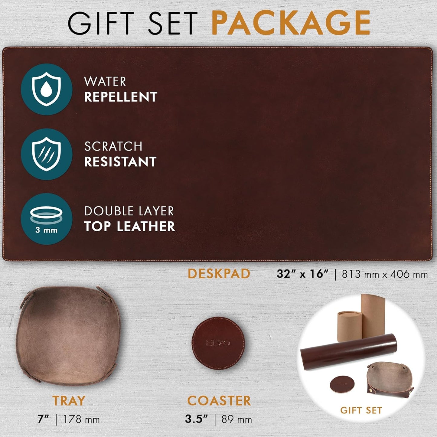 Elizo Leather Desk Mat Desk Pad Blotter Set - Real Full-Grain Leather (32x16) 2-Layer Genuine Desk Cover Protector & Large Mouse Pad | Computer Keyboard Desk Accessories for Office & Home