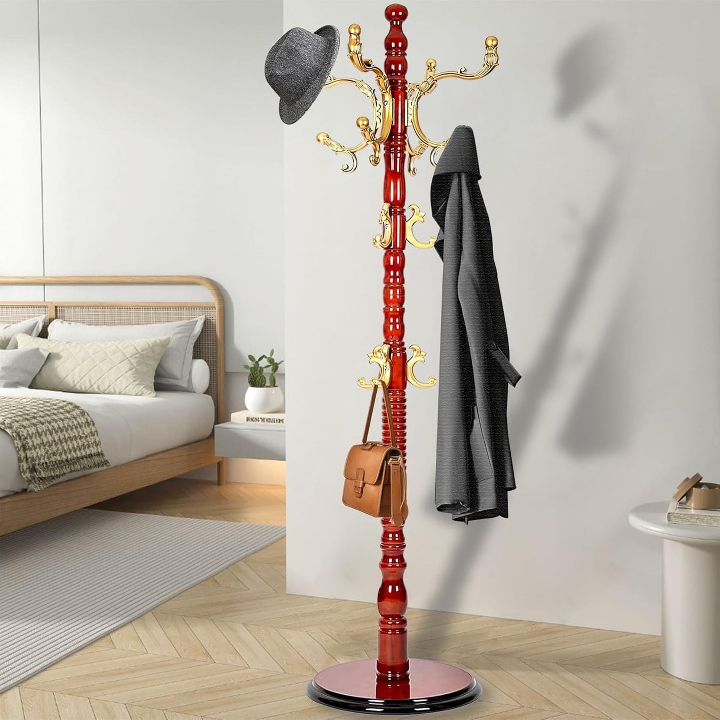 Vintage Free Standing Coat Rack with Disc Base, Solid Wood Coat Hanger Stand with 18 Hooks and 3 Adjustable Size, Standing Coat Rack Tree for Entryway, Bedroom, Hallway, Office, Apartment