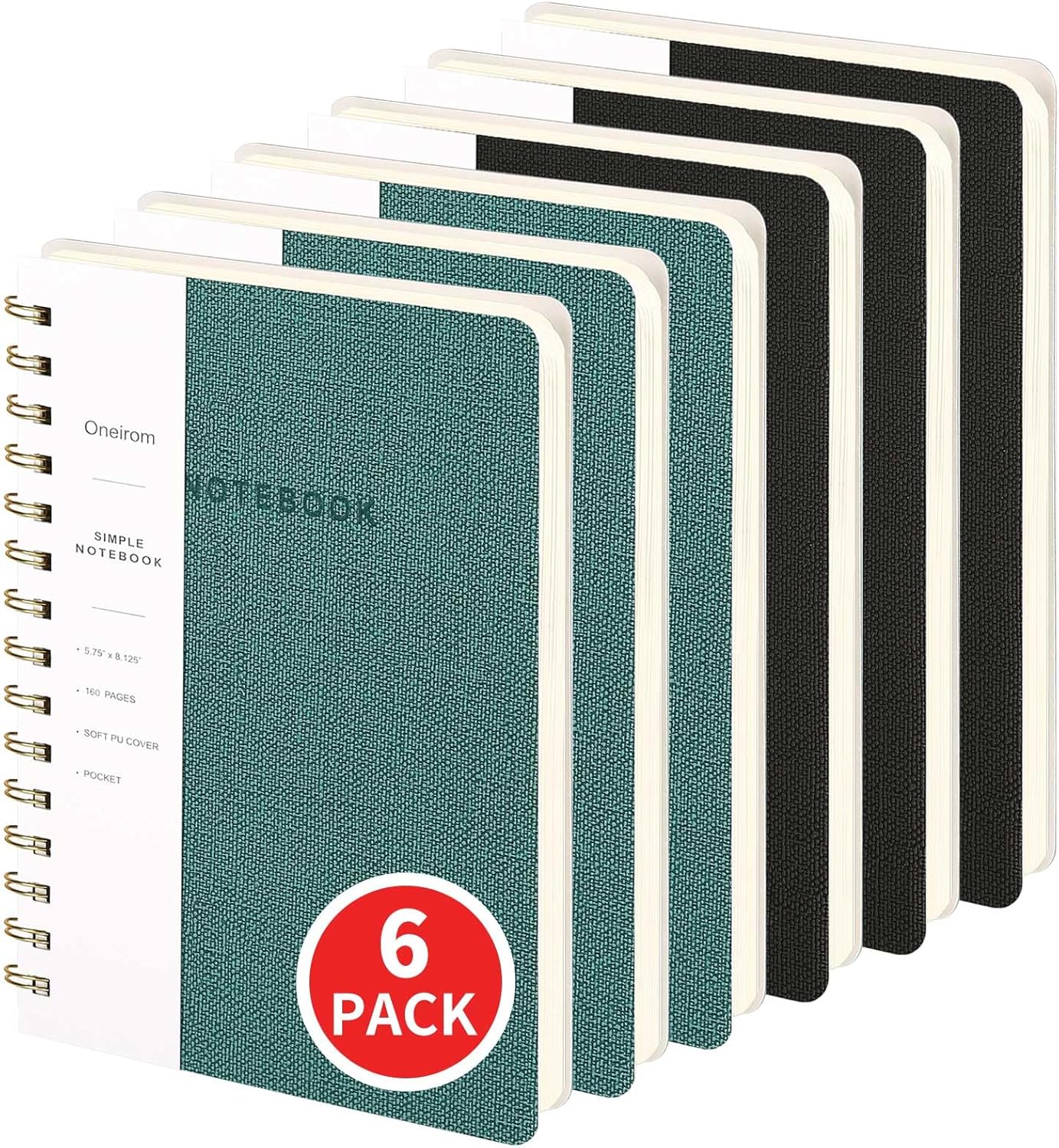 Lined Spiral Notebook College Ruled A5 Journal Book for Note Taking, 160 Pages Writing Journal for Office and Home School Supplies 5.75 x 8.125 inch (6pack-3Green/3Black)