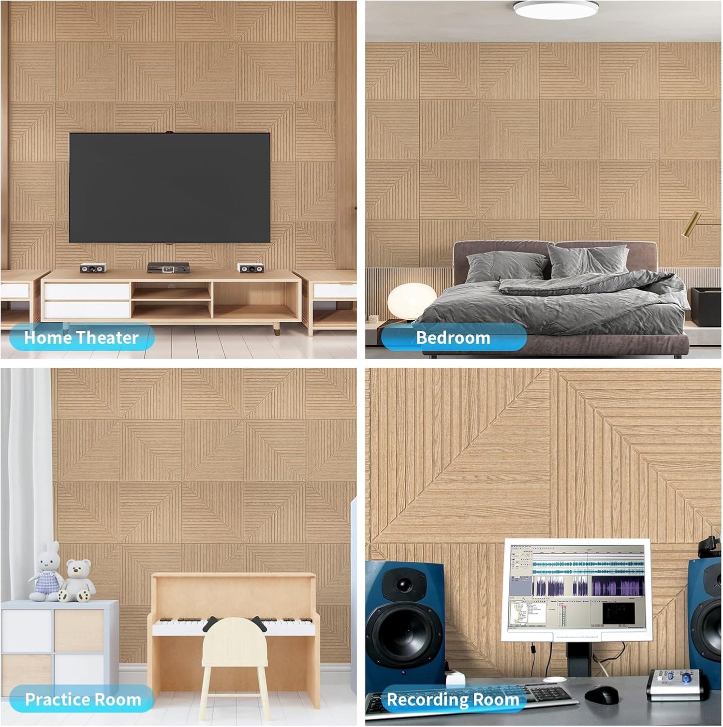 Art3d 6-Pack Self-Adhesive Acoustic Wall Panels for Home Décor, 24 x 24 Inch Soundproofing Panels for Office Studio Bedroom - High Noise Absorption Polyester Fiber, Wood Grain Airbrush