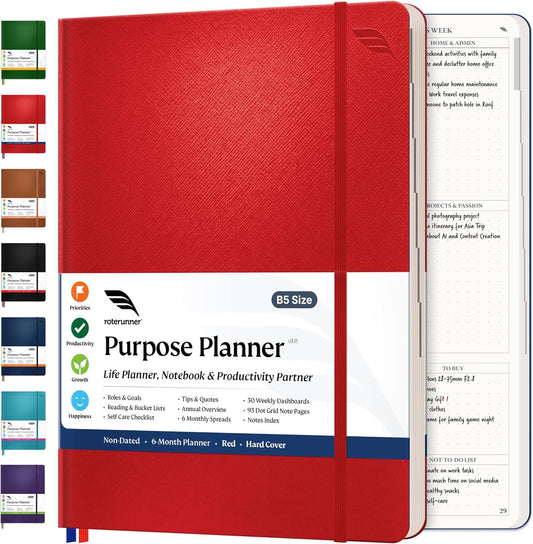 Roterunner Purpose Planner Notebook B5 7.5”x9.8” Undated Planner 2025 Daily Weekly and Monthly Productivity Goal Setting Tool for Work Home ADHD Planner for Adults Self Care Journal