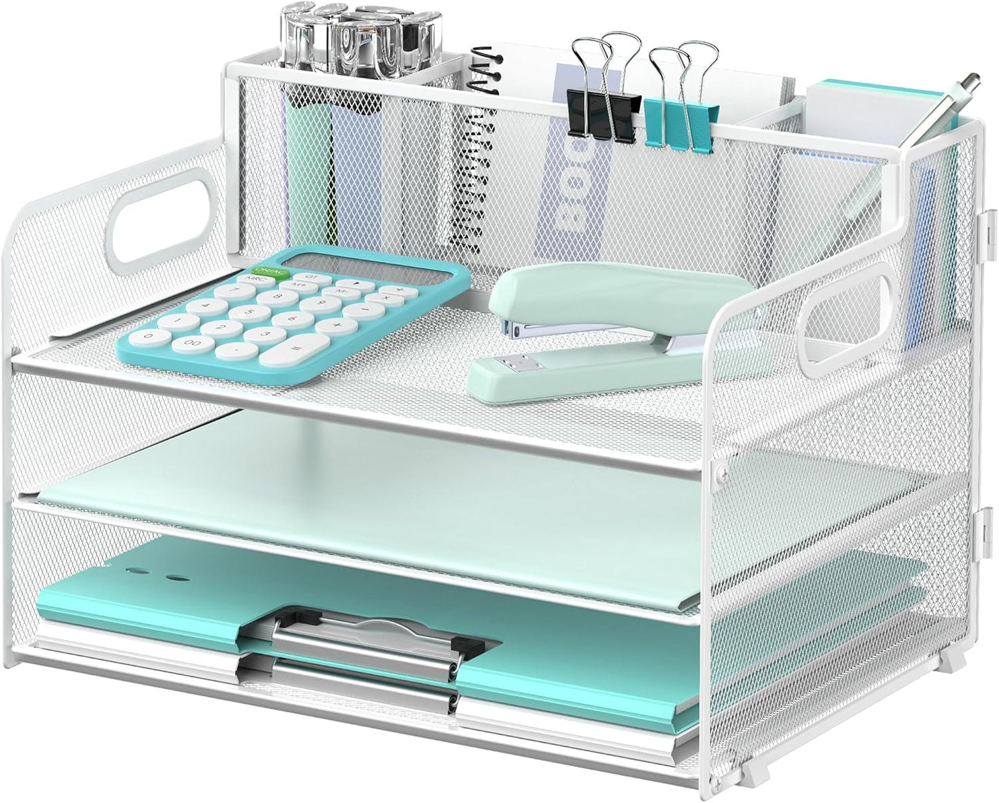 SUPEASY 3 Tier Desk Organizer with Handle & 3 Pen Holders, Mesh Paper/File Organizer for Desk, Paper Letter Tray Organizer for Office Supplies (White), 1 Pack, 3CST-3PH