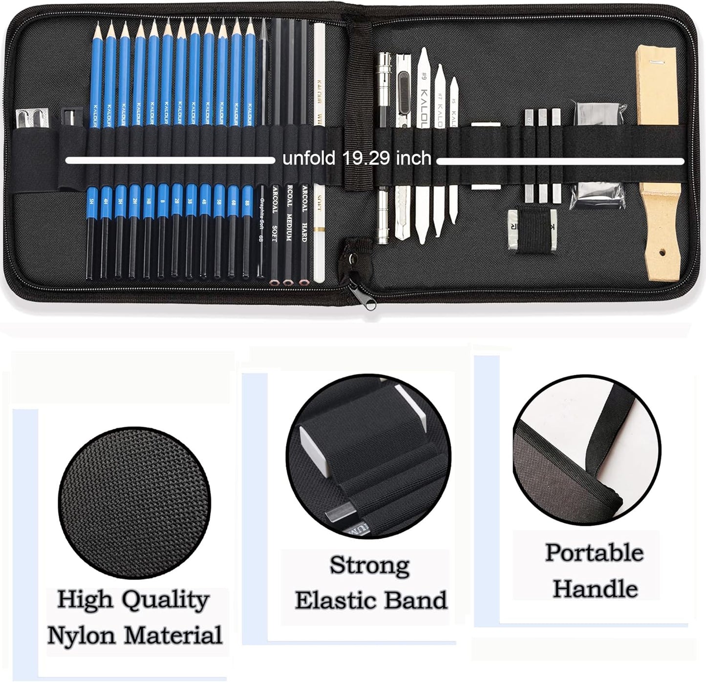 KALOUR 33 Pro Drawing Kit Sketching Pencils Set,Portable Zippered Travel Case-Charcoal Pencils, Sketch Pencils, Charcoal Stick,Sharpener,Eraser.Art Supplies for Artists Beginner Adults Teens
