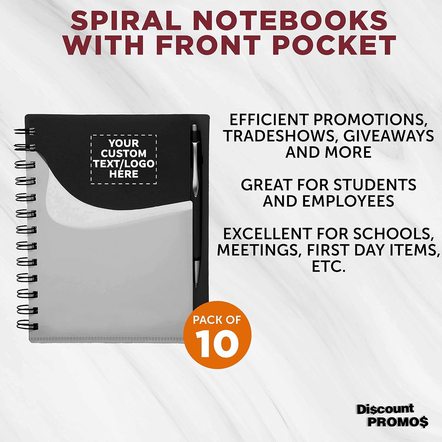 DISCOUNT PROMOS Custom Spiral Notebooks with Front Pocket Set of 10, Personalized Bulk Pack - Durable Plastic Cover, Includes Matching Pen in Blank Ink, Perfect for School, Office, Home - Black