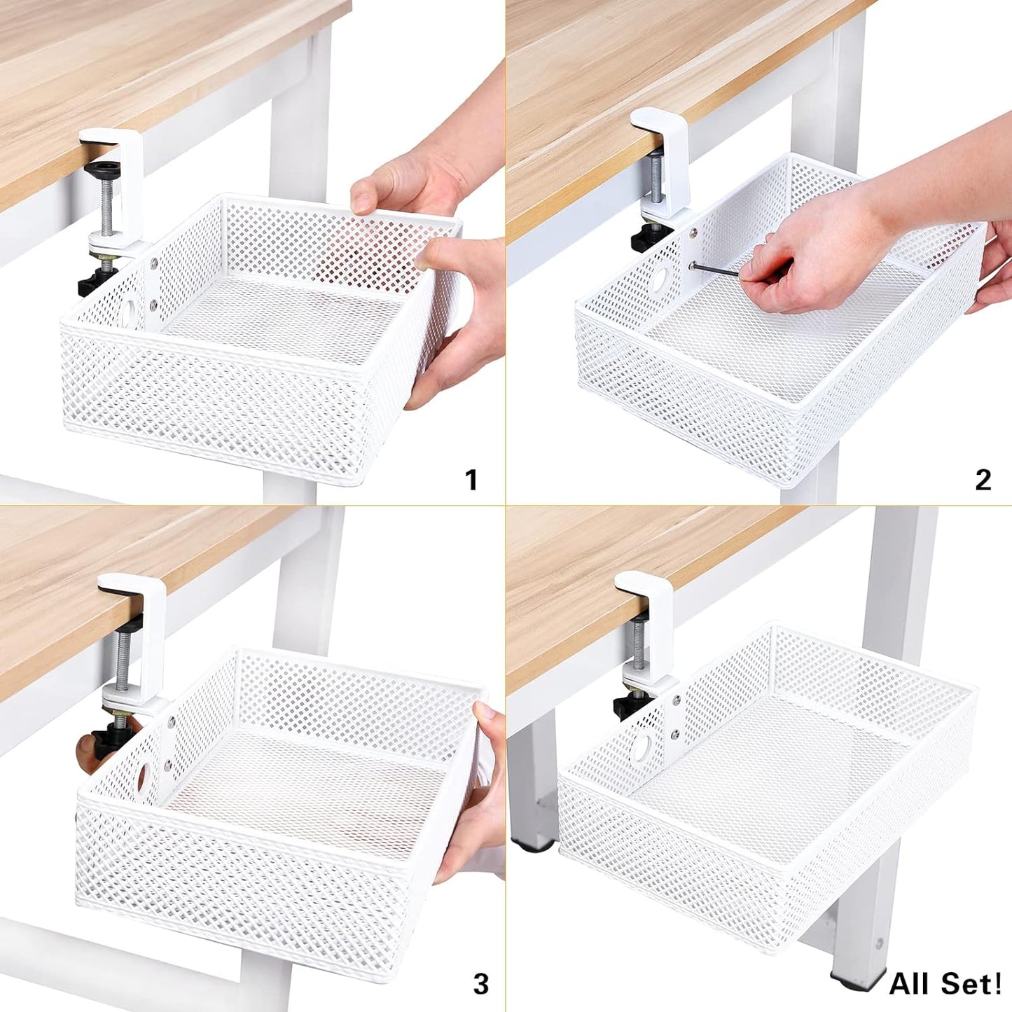 Mesh Desk Organizer and Clamp-on Swivel Pencil Drawer, Desk Hidden Desk Organizer Extra Sturdy C-Clamp Mount System and Easy to Instal, Home Office Art Supply Storage Box (White)