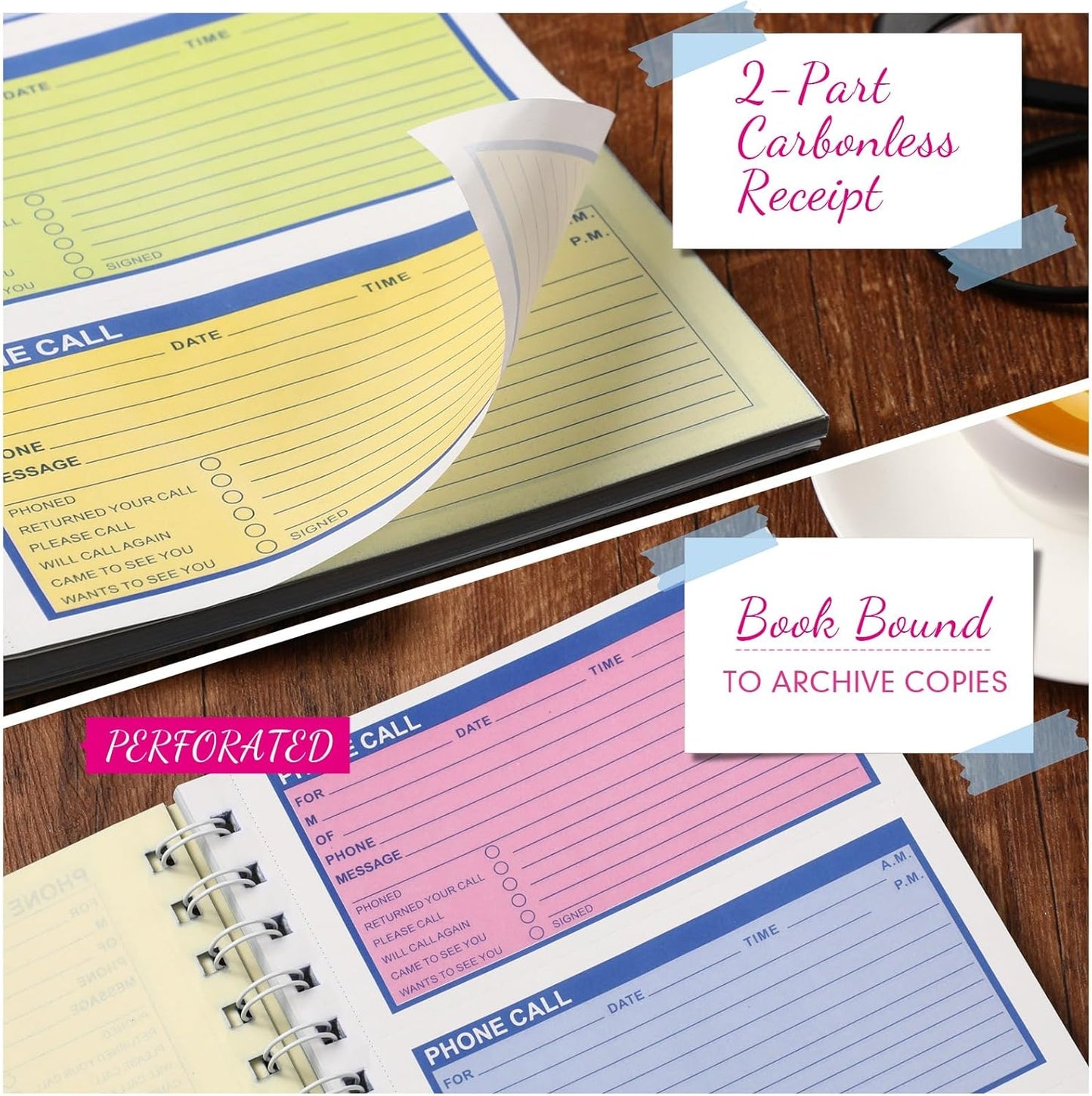 Sinmoe 10pcs Spiral Bound Phone Message Book with Carbon Copy 5-1/2" x 11" 2 Part Colorful Carbonless Telephone Message Pads Duplicate Spiral Phone Call Log Book for Business Office (Rose Red,Blue)