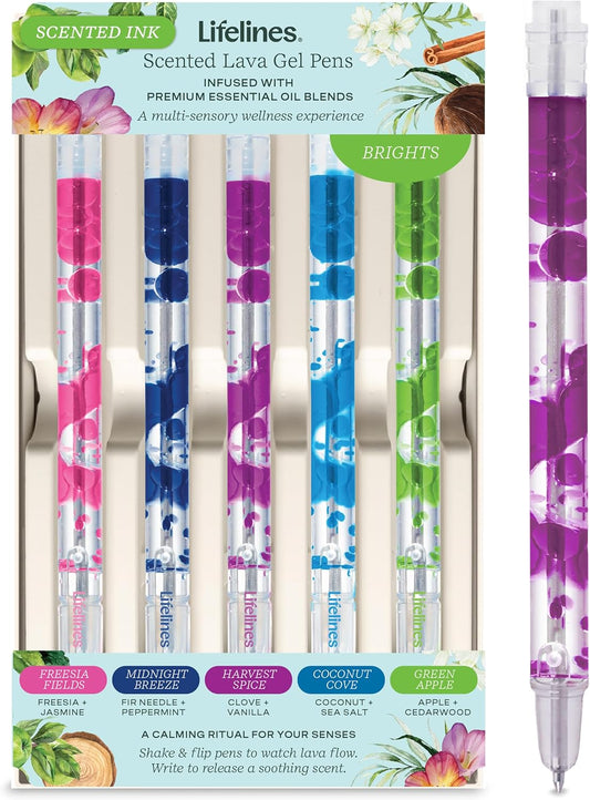 Lifelines Scented Lava Gel Pen Set, 5-Pack (Brights) - 0.5mm Colored Gel Pens Infused with Scented Essential Oil Blends & Mesmerizing Lava - School Supplies for College Kids & Adults