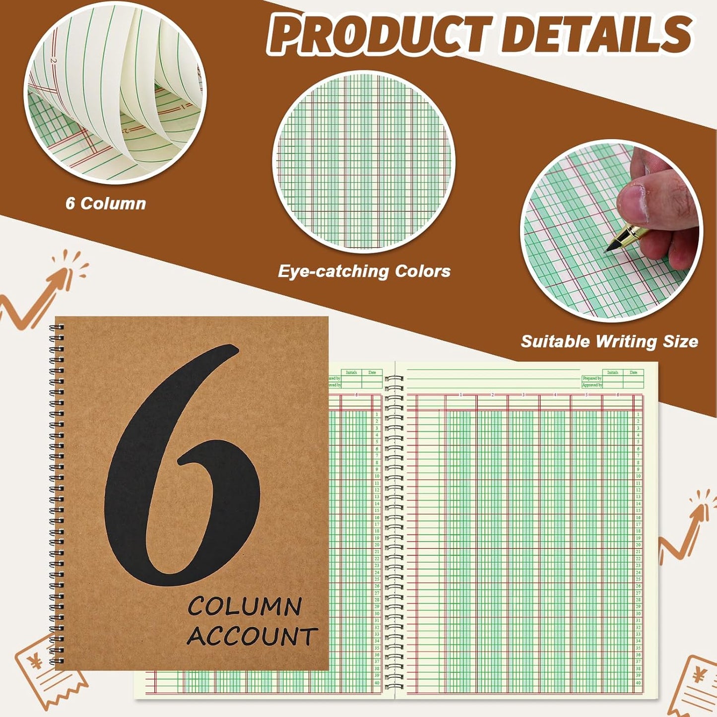 3 PCS 6 Column Ledger Book Columnar Pad Analysis Pad 6 Columns Accounting Logbook Columnar Pad Notebook Ledger Book Spiral 80g 100 Pages 8.5X11 Inch Accounting Notebook for Small Business Personal Use