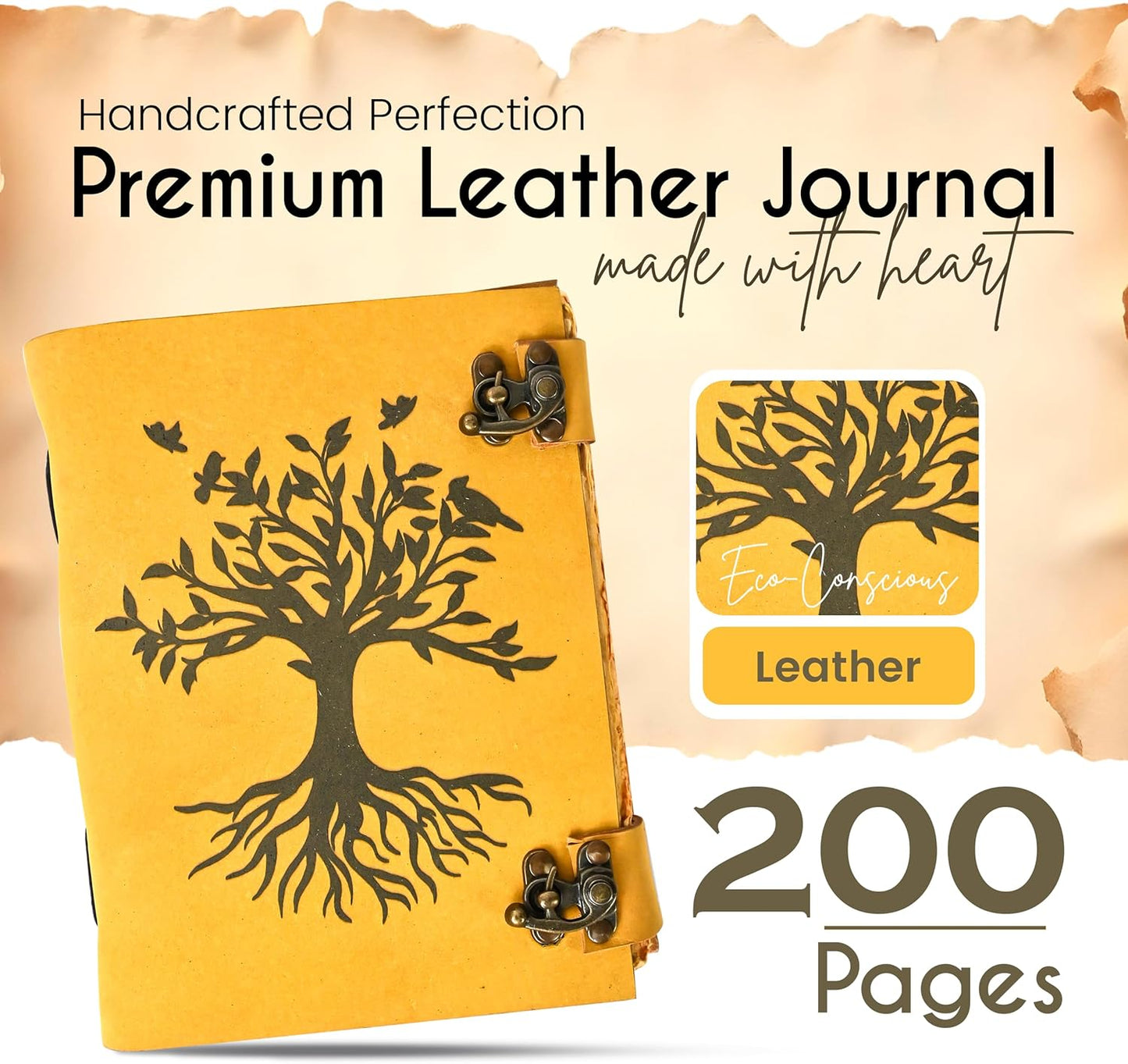 Tree of Life Leather Journal, Book of Shadows with Vintage Clasp Lock – 200 Page Antique Deckle Edge Leather Bound Notebook – Notebook Journal Gift for Men & Women