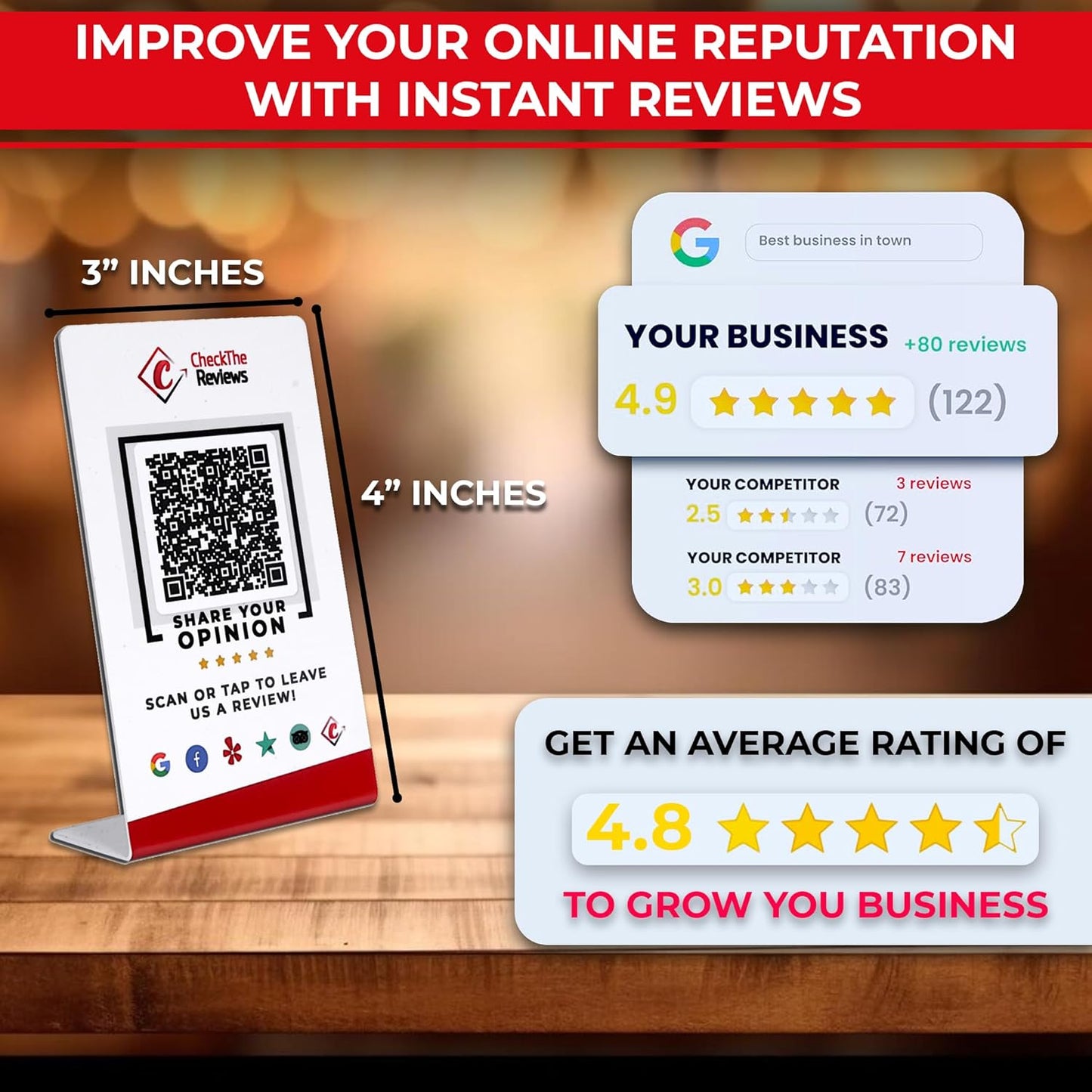 CheckTheReviews NFC Review Stand - Instant Digital Feedback Collection with Customer Friendly Scan Setup - All Phones & QR Compatible - Tap to Review for Business, Hotels, Shops, Cafes & Restaurants