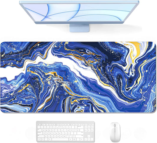 Auhoahsil Large Gaming Mouse Pad, Marble Theme XXL 35.4 x 15.7 in Desk Pad Stitched Non-Slip Rubber Long Computer Mousepad Thin Extended Full Size Desk Mat for Desktop Laptop Wireless Mice, Blue