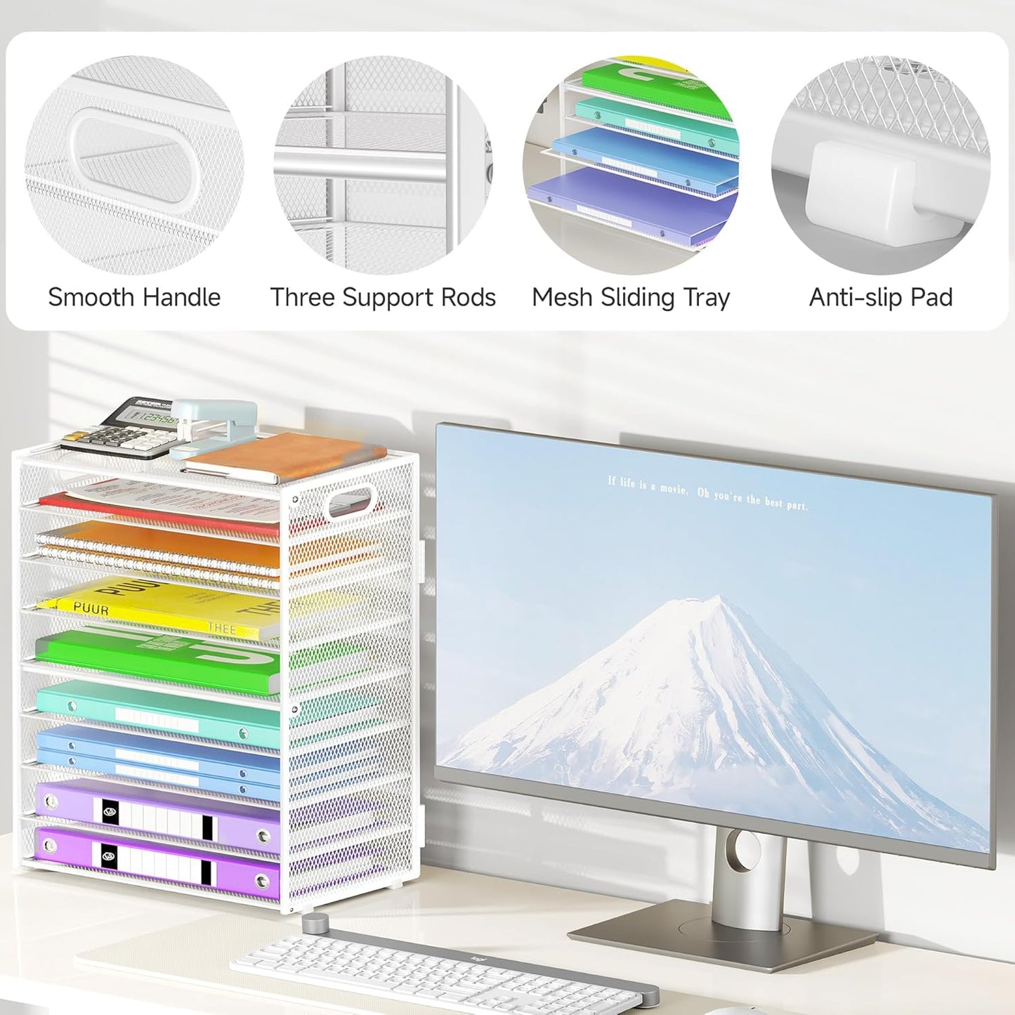 9 Tier Paper Organizer with Handle, Large Capacity Desk Organizer Mesh File Folder Letter Paper Tray Desktop Document Sorter for Classroom, School, and Office Accessories Organization- White