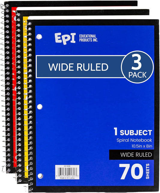 EPI Spiral Notebook | Wide - 70 Sheets, Durable Spiral Binding | 10.5 x 8 in | Classroom Supplies | School, Office, Note Taking, Journaling - 3 Pack