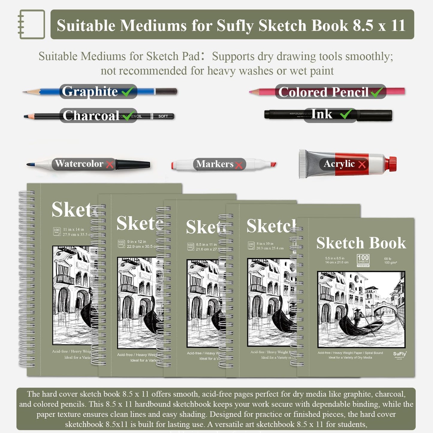 Sketch Book 8.5"x11", Spiral Sketchbook Pack of 2, SuFly 200 Sheets (68 lb/100gsm) Acid Free Sketch Pads for Drawing for Adults Spiral Bound with Hard Cover for Kids & Adults, 100 Sheets Each