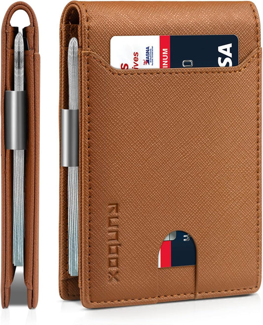 RUNBOX Slim Wallets for Men - Leather Money Clip Mens Wallet - RFID Blocking Front Pocket Bifold Wallet - Thin Credit Card Holder with Gift Box